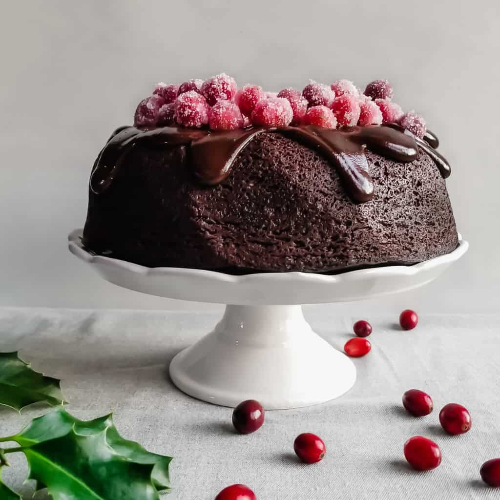 Cranberry Chocolate Fudge Bundt Cake with Chocolate Ganache & Sugared Cranberries Crumbs & Caramel