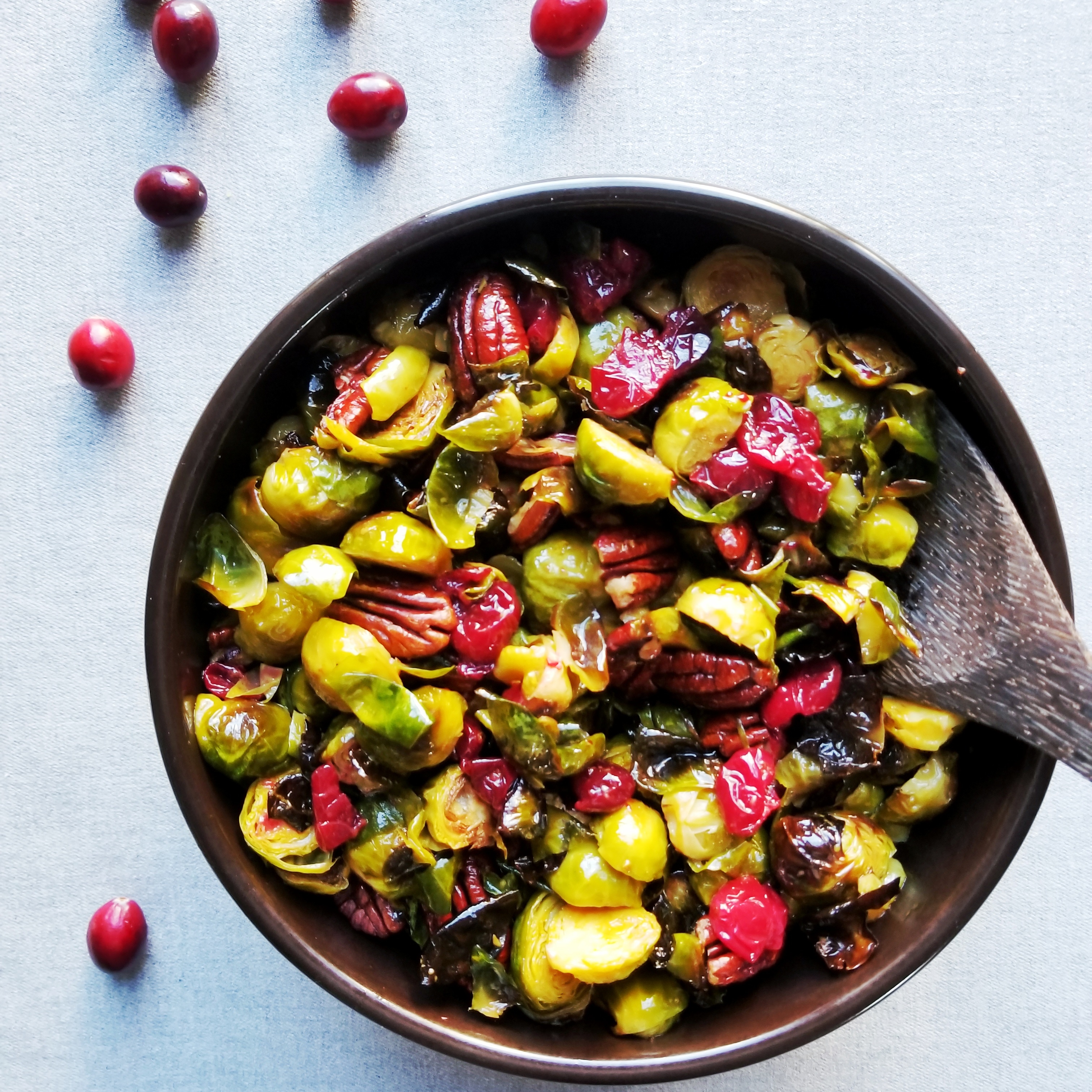 Roasted Cranberries, Brussels Sprouts and Pecans with Maple Mustard Dressing