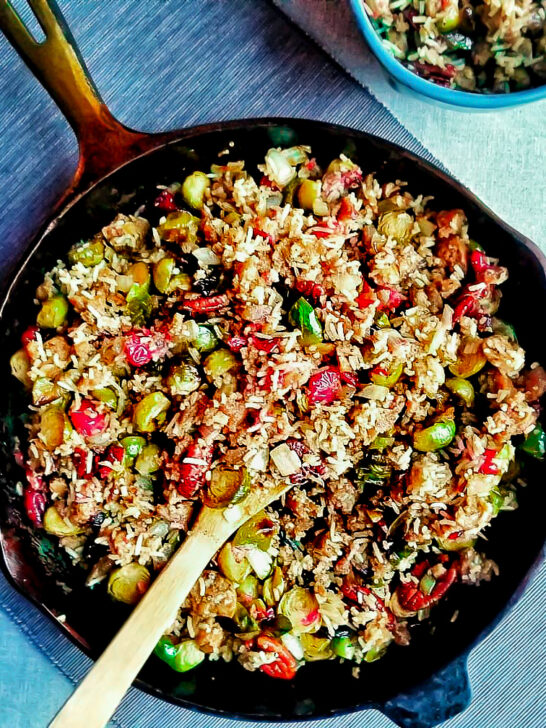 Apple Sage Vegan Sausage and Roasted Brussels Sprout Stir-Fry