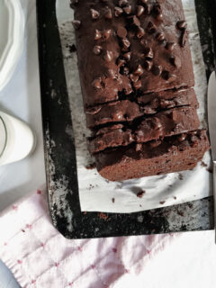 Sliced Triple Chocolate Banana Bread with Glass of Non-Dairy Milk
