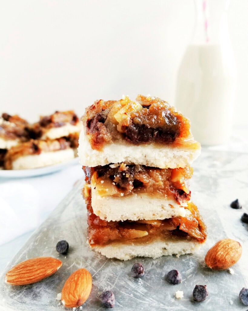 Vegan Chocolate Almond 'Butter Tart' Squares Crumbs & Caramel