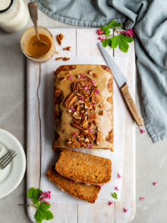 Carrot Spice Loaf with Maple Glaze with 2 slices cut