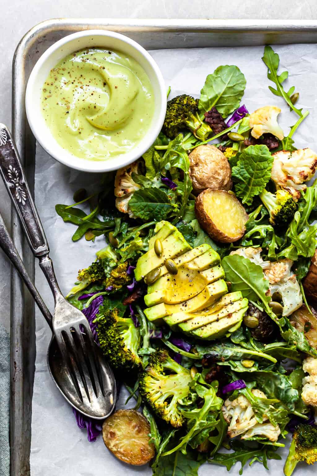 Roasted Vegetable & Kale Salad with Vegan Avocado Caesar Dressing