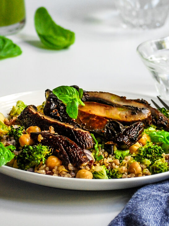 Portobello, Broccoli, Chickpea and Grain Salad with Fresh Lemon Basil Dressing
