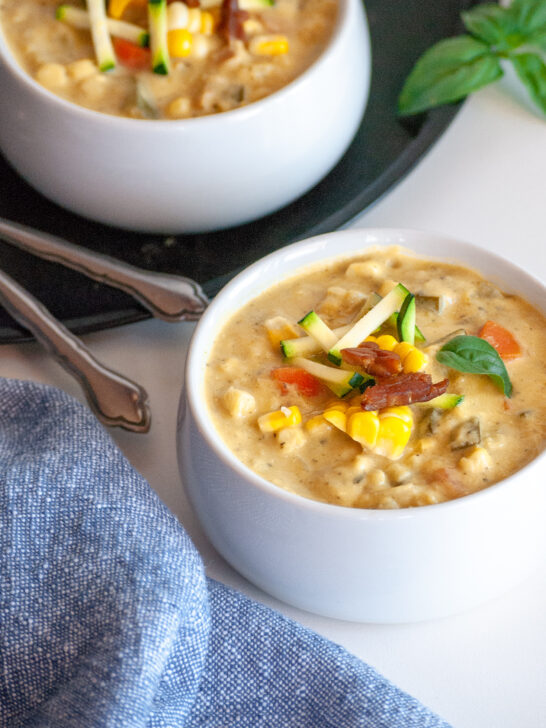 Creamy Corn and Zucchini Chowder with Tempeh Bacon