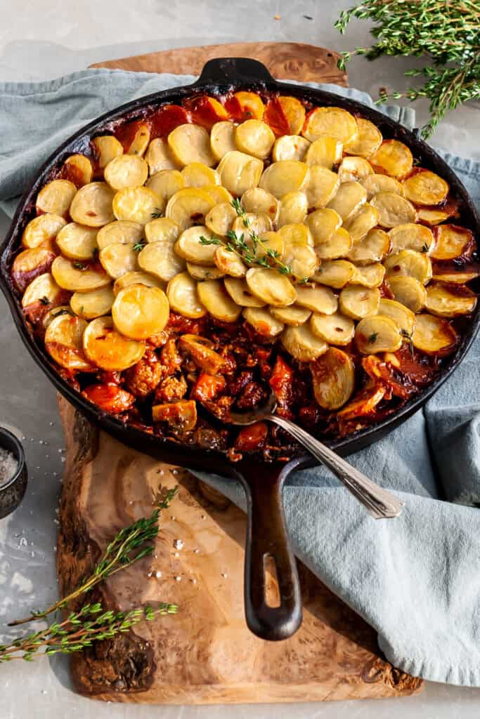 Vegan Savory Skillet Stew with Baby Potato Topping Crumbs & Caramel
