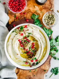 Roasted Pumkin Seed Hummus served with pomengrante seeds, olive oil drizzle and fresh parsley
