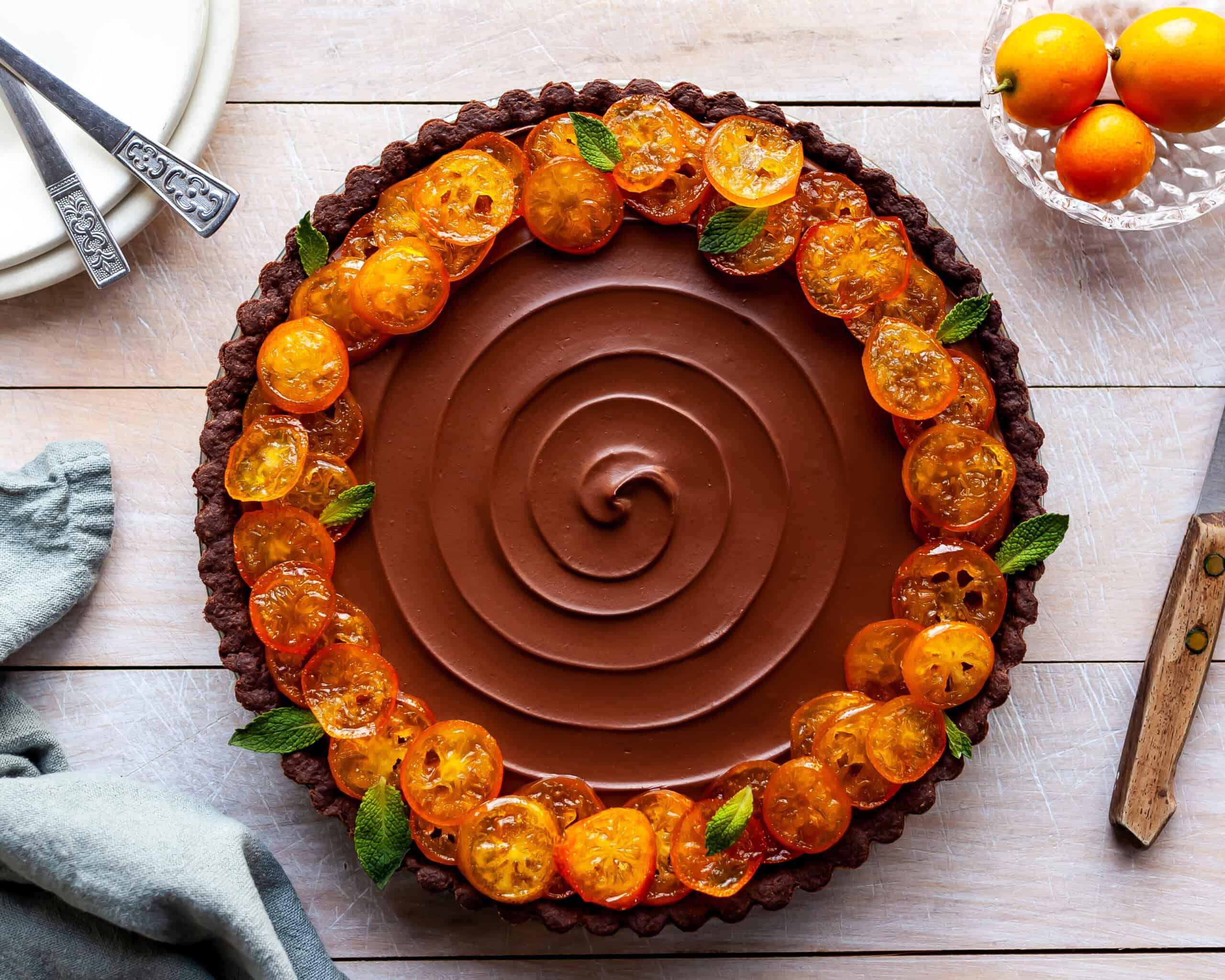 Vegan Chocolate Orange Truffle Tart with Candied Kumquats - Crumbs