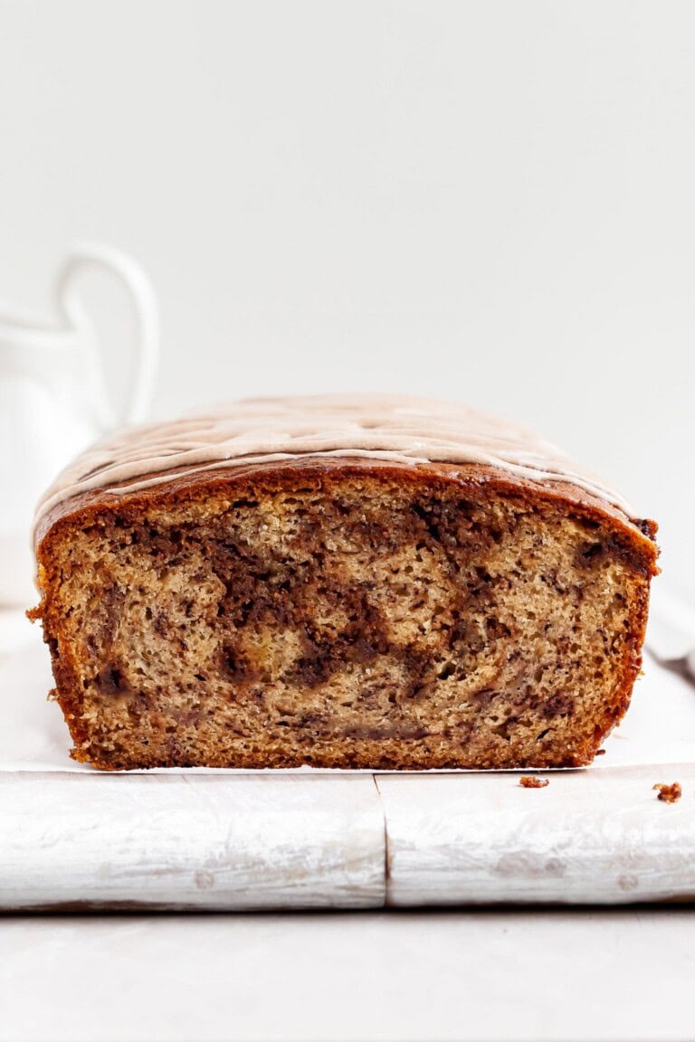 Vegan Cinnamon Swirl Banana Bread Crumbs & Caramel