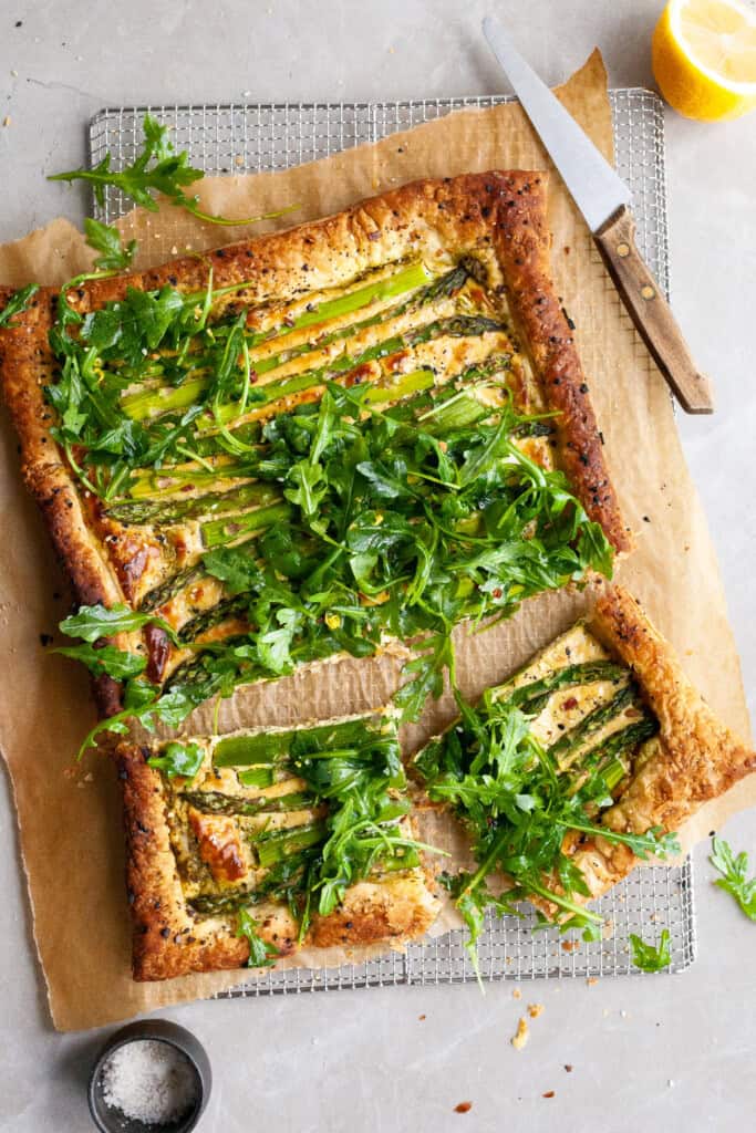Asparagus and Pesto Cashew Cheese Tart with Lemon Arugula Crumbs & Caramel