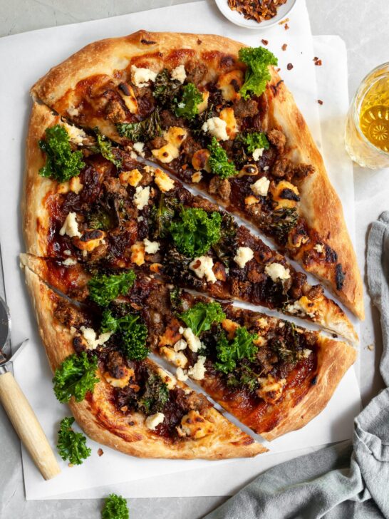 Vegan Caramelized Onion, Sausage and Kale Pizza with Almond Ricotta