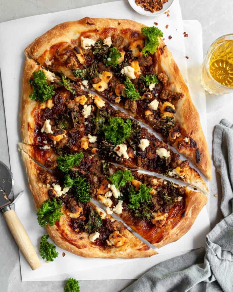 Vegan Caramelized Onion, Sausage and Kale Pizza with Almond Ricotta
