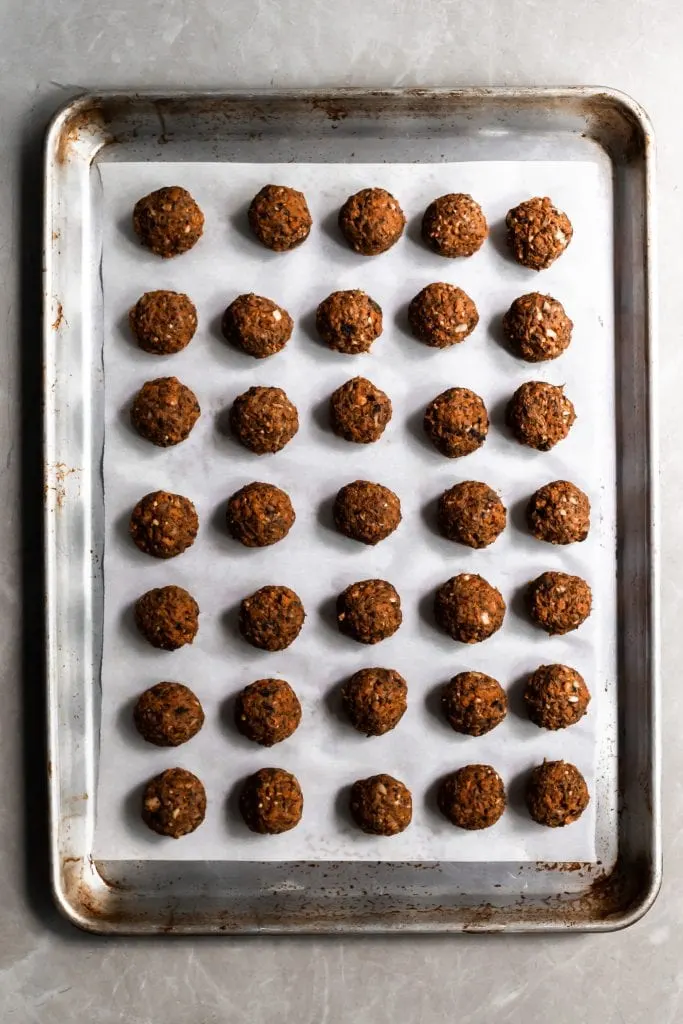 Vegan Swedish Meatballs on baking sheet ready for the oven