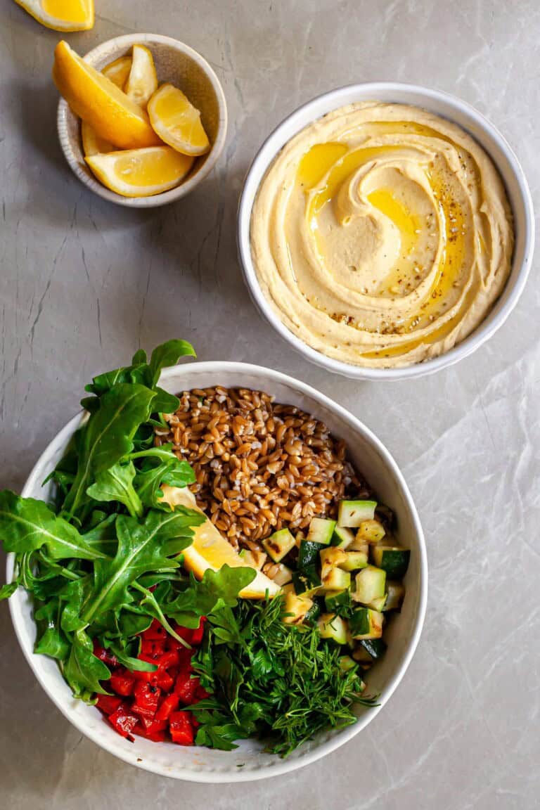 Herby Farro Salad with Grilled Vegetables and Hummus Crumbs & Caramel