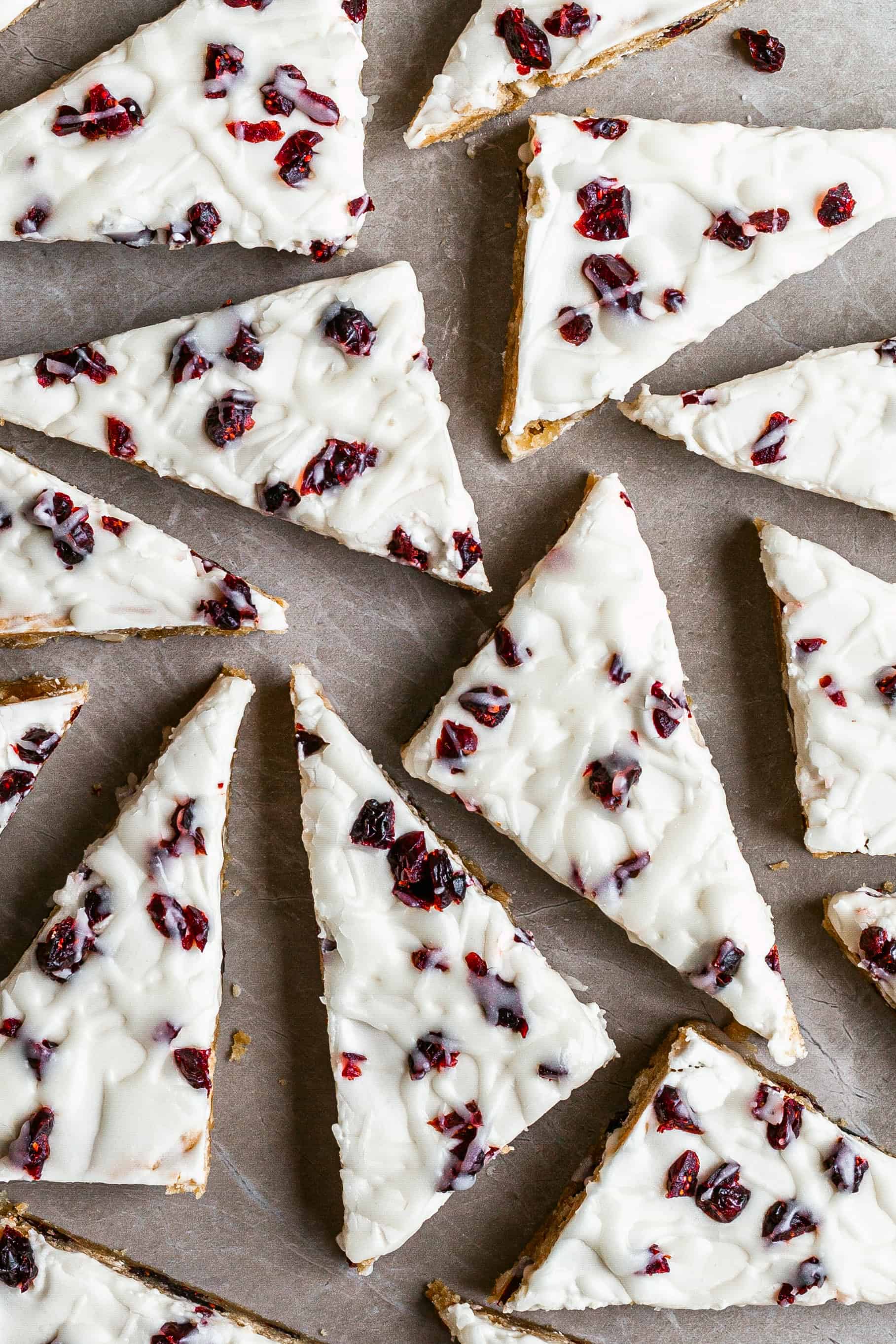 Vegan cookie bars, flat lay, bars cut into triangles, close up