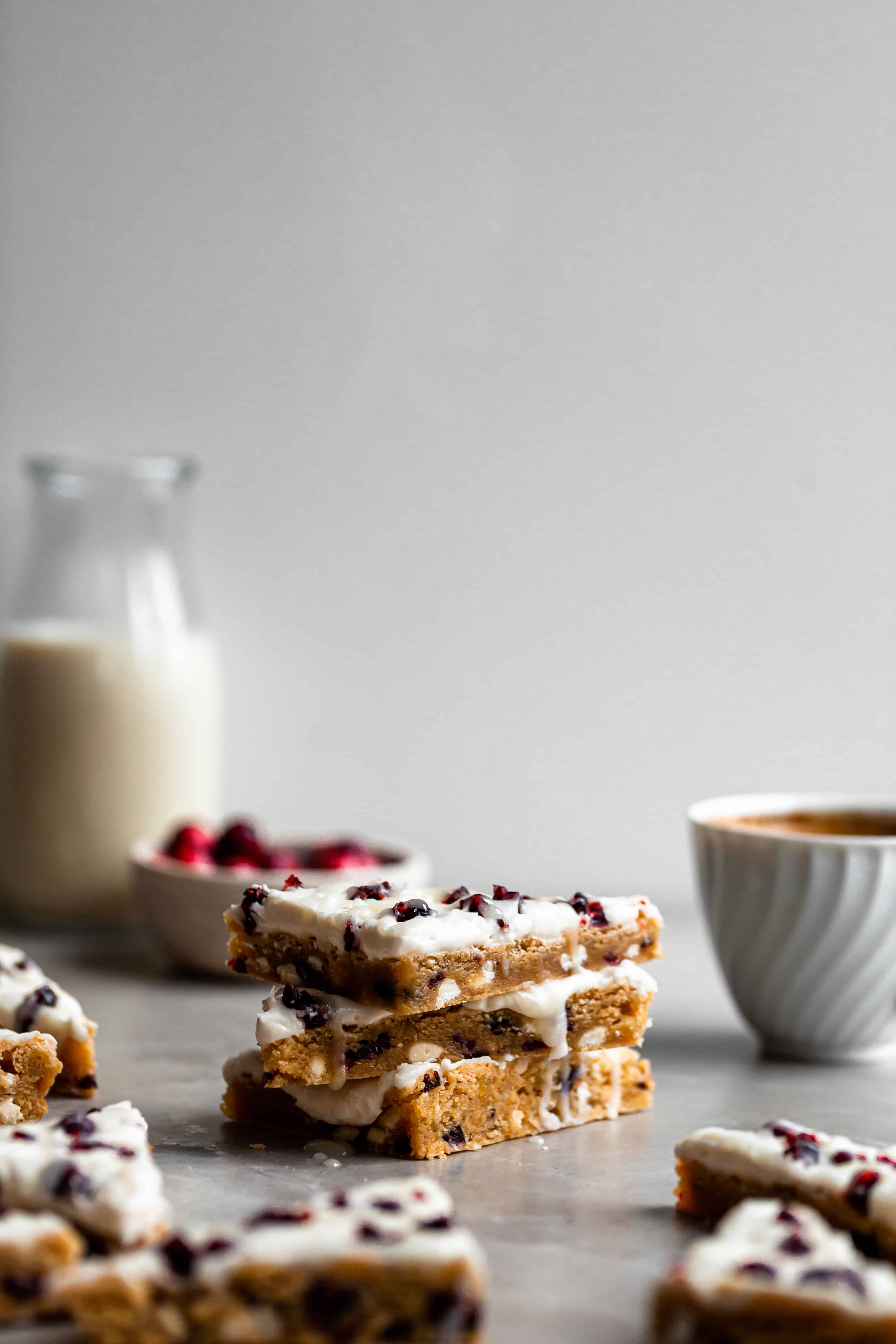 A stack of cranberry bliss bars, side view