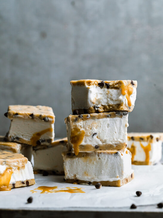 Cookie Dough Ice Cream Sandwiches with Caramel Swirls – Vegan & No-Bake with Gluten-Free Option