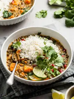 White bowl filled with sweet potato lentil curry garnished with cilantro, slices of lime, and pomegranate arils