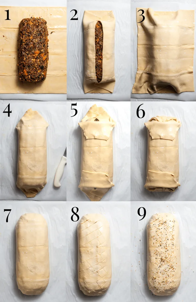 A step by step series of 9 images showing how to assemble a vegetable Wellington.