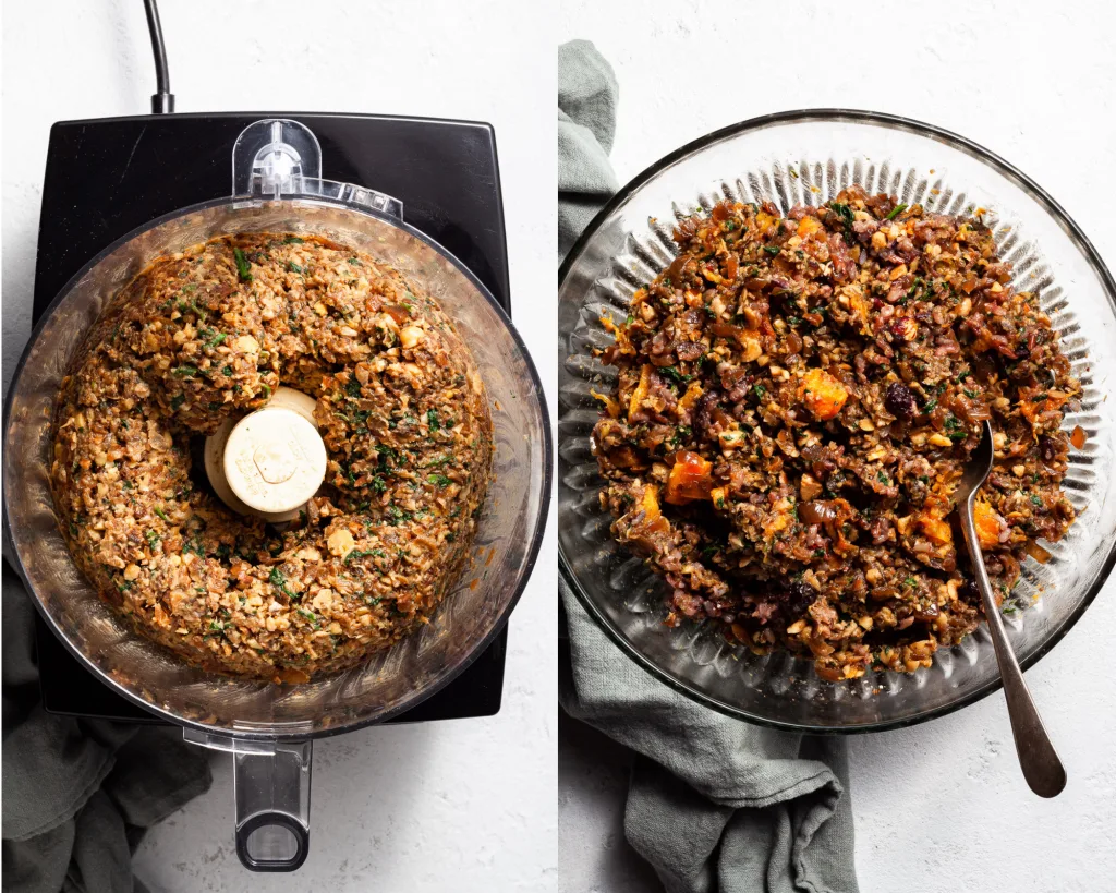 Two images, the first showing the texture of  half of the ingredients for the vegan wellington, the second image showing all of the ingredients stirred in a large bowl.