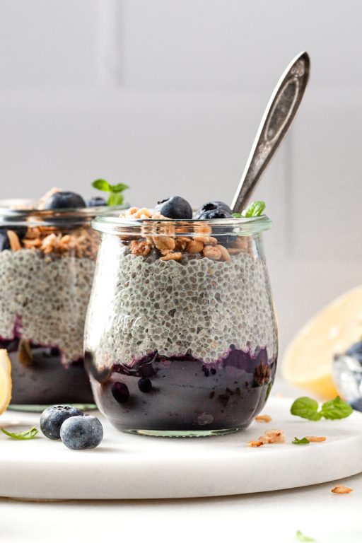 Lemon Chia Pudding with Blueberry Compote Crumbs & Caramel