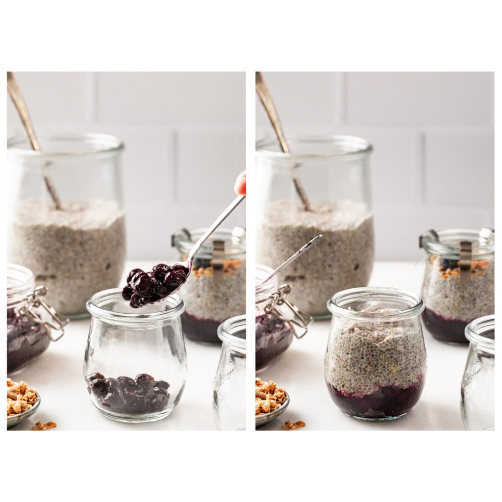 Breakfast preparation showing the layering of the blueberry compote into a small jar in the first image, and then adding the chia pudding on top in the second image