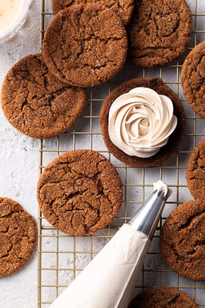 Vegan Chewy Molasses Sandwich Cookies with Eggnog Frosting Crumbs